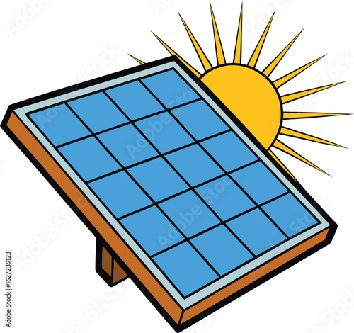 Solar panel with bright sun rays on white background