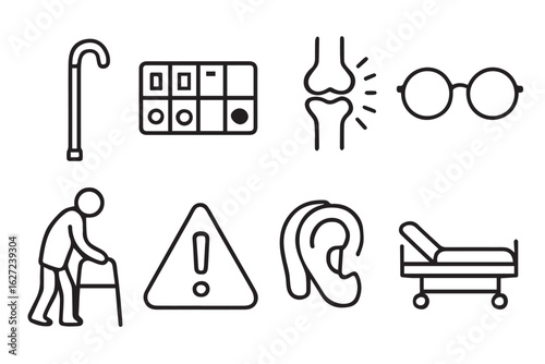 Elderly Care and Aging Icons Representing Assisted Living, Health, and Daily Support Including Wheelchairs, Hearing Aids, and Medical Care Symbols
