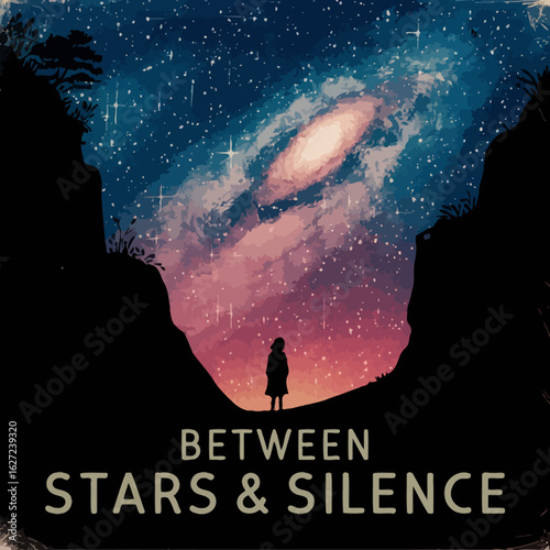 A solitary figure stands silhouetted against a breathtaking cosmic vista gazing up at a swirling galaxy and star filled sky evoking wonder and the vastness of the universe