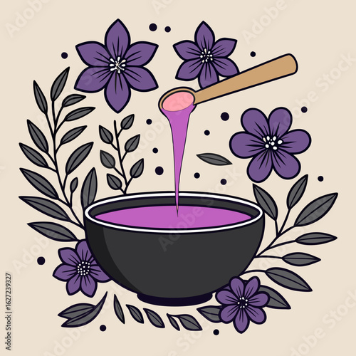 Illustration of sugaring paste dripping from a wooden spoon into a bowl surrounded by purple flowers and leaves for hair removal