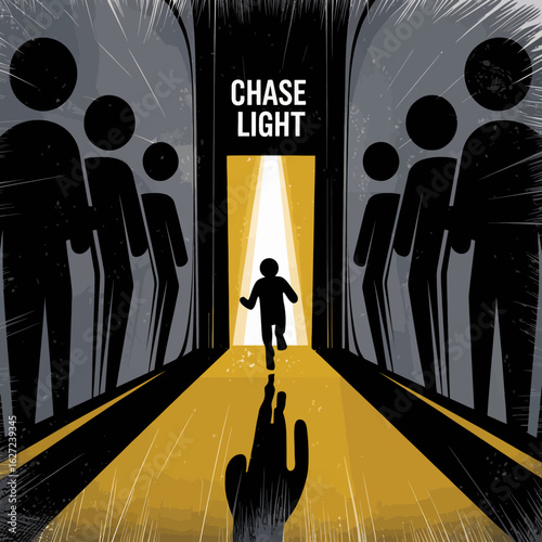 A lone silhouette of a person running towards a bright light at the end of a hallway lined with shadowy figures representing hope and aspiration