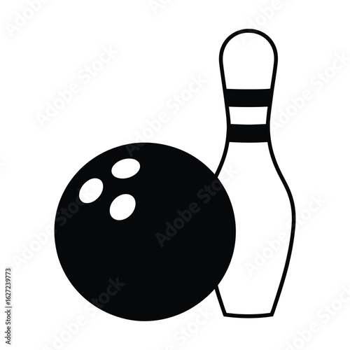 Simple black and white line art of a bowling ball and pin.