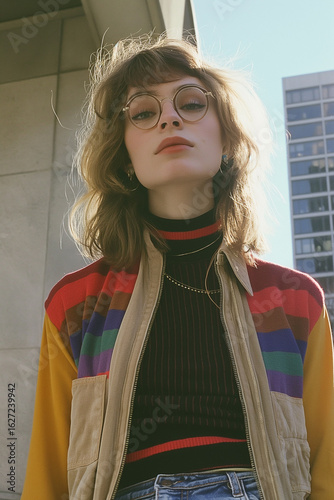 Retro Vibes Woman in Sustainable Fashion with Round Glasses