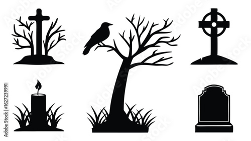 Spooky black silhouette illustrations featuring a graveyard with gravestones, a crow, a candle, and an eerie bare tree