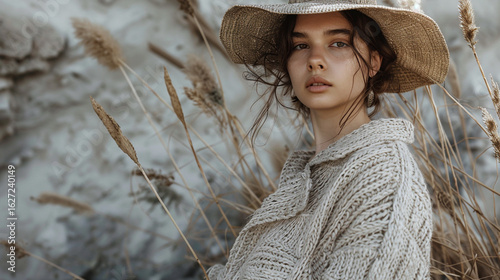 Sustainable Style Woman in Straw Hat and Eco-Friendly Knitwear