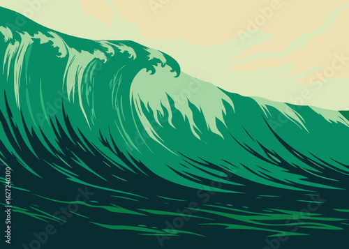 Powerful green ocean wave cresting with dynamic energy against a pale sky
