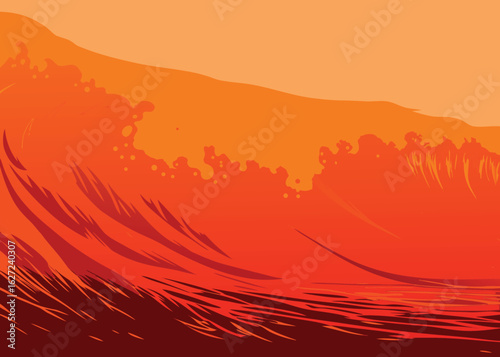 Dynamic orange wave crashes with abstract style, capturing ocean's power and energy