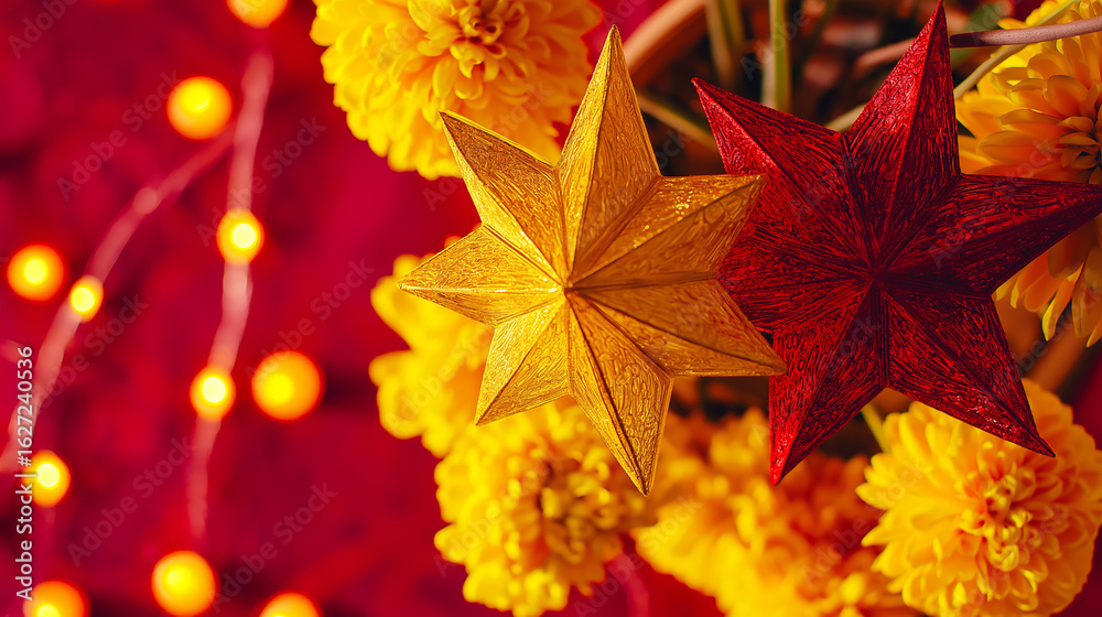 Obraz premium Golden star lanterns glowing against red silk, with scattered chrysanthemum petals for a festive touch.