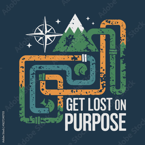 Embrace adventure with this retro inspired graphic featuring a stylized mountain landscape a compass rose and a winding maze like path encouraging viewers to get lost on purpose