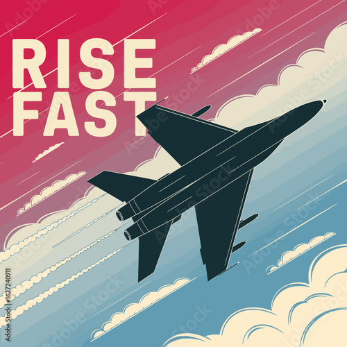 Silhouette of a fighter jet soaring through a dramatic sky with clouds and streaks of light conveying speed and ambition