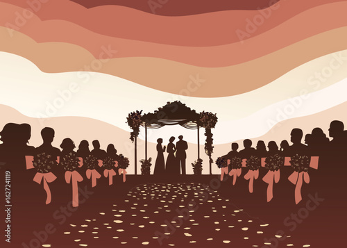 Elegant wedding ceremony silhouette with joyful guests and romantic floral aisle decor