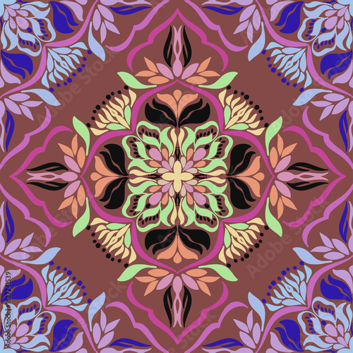 Beautiful seamless multi-colored flowers on a brown