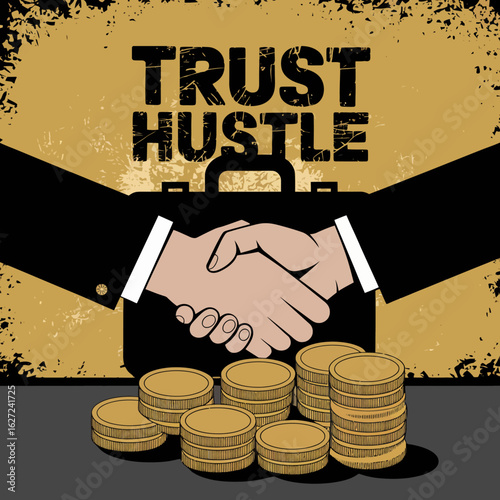 Trust and hustle a powerful handshake over a briefcase symbolizing successful business partnerships and financial growth with stacks of coins in the foreground
