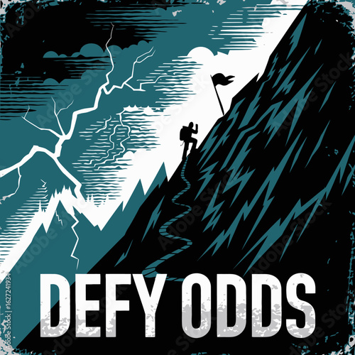 A lone climber ascends a treacherous mountain peak under a stormy sky with lightning embodying the spirit of defying odds and overcoming challenges