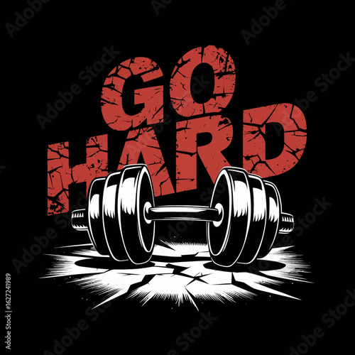 Go hard motivational fitness typography with a realistic dumbbell on a black background symbolizing strength and dedication in gym workouts and athletic training