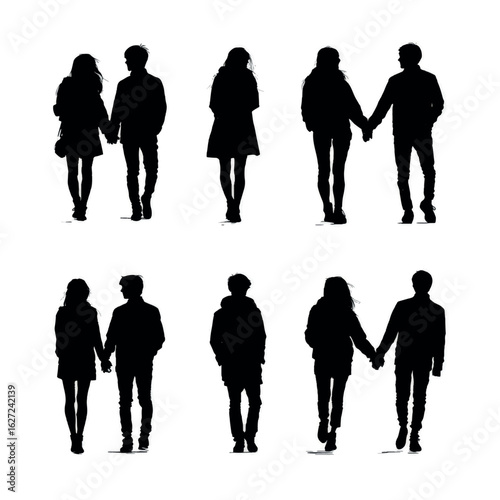 vector illustration of couple holding hands silhouette set, Black & White silhouette set