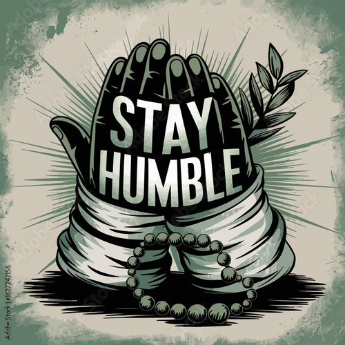 Hands in prayer with the words stay humble wrapped around them symbolizing faith and humility with a spiritual message and a subtle olive branch