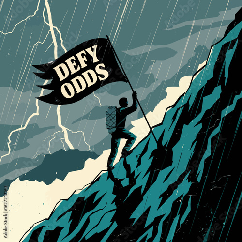 A lone climber ascends a treacherous mountain slope under a stormy sky planting a flag that reads defy odds as lightning strikes
