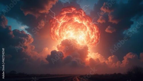 Massive Fiery Explosion Dominating the Sky Amidst Dramatic Stormy Clouds Creating a Spectacular and Terrifying Spectacle