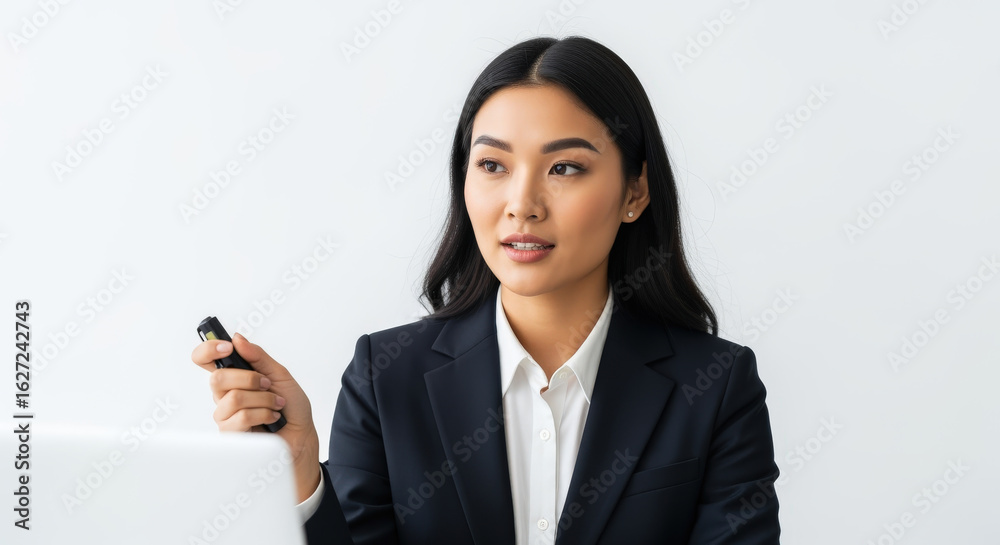 Asian Businesswoman Holding Remote Wearing Professional Attire. Asian Businesswoman Holding Remote Wearing Professional Attire.