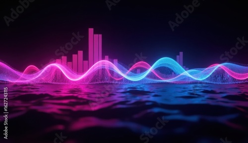 Vibrant digital sound waves in pink and blue hues reflecting on a dark background.