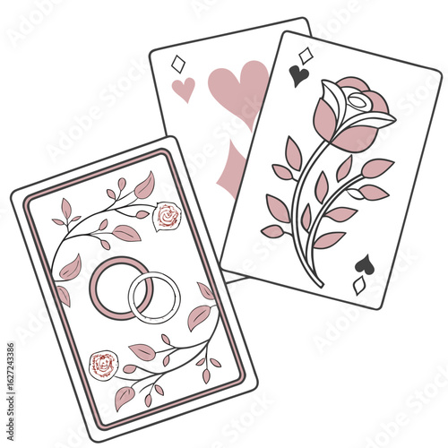 Elegant playing cards with rose and floral design isolated on white background