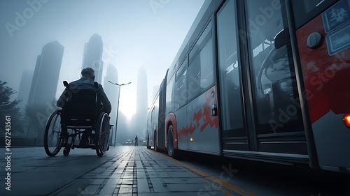 A Man in a Wheelchair at a Bus Stop in a Cityscape at Sunrise