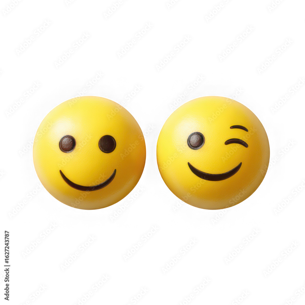 Fototapeta premium Two yellow emoji balls displaying a happy smiling face and a playful winking expression isolated on transparent background