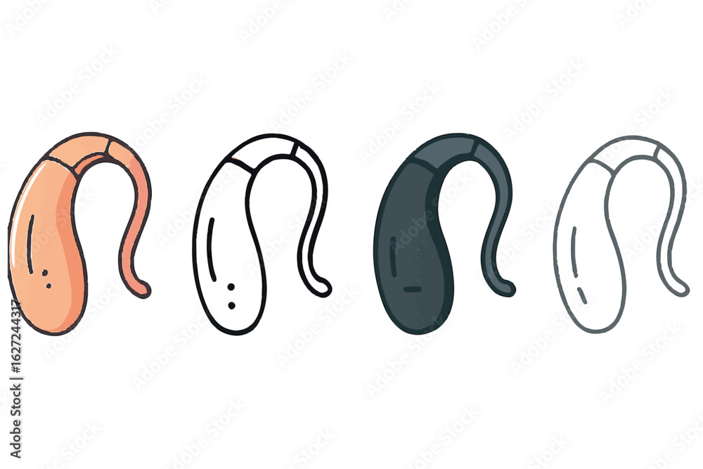 hearing aids, showcasing various designs and colors, including beige, white, black, and grey versions hearing aids, showcasing various designs and colors, including beige, white, black, and grey versions