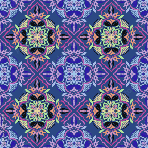 Beautiful seamless multi-colored flowers on blue