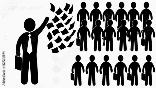 Stick figure leader throwing papers with a crowd of stick figures holding briefcases behind him silhouette