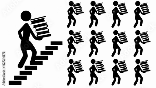 Stick figures carrying books up stairs and standing with books in a grid arrangement illustration silhouette