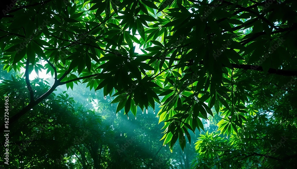 Fototapeta premium Emerald canopy drips with rain, sunlight filtering through leaves, peaceful, water
