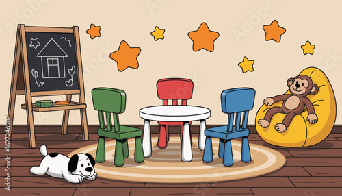 A vibrant and cheerful children's playroom setting, complete with colorful chairs, a playful chalkboard, a cozy bean bag, and a friendly dog, creating a space for creativity and imagination.
