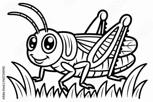 A vibrant and friendly cricket, illustrated in a cartoonish style, captivating kids and adults alike with its big eyes and cheerful demeanor amid tall grass.