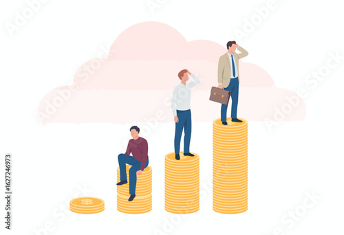 Three men standing on stacks of coins, representing their financial journey and growth, symbolizing ambition, success, and the challenges of wealth accumulation in life.