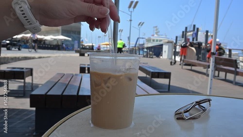 Ice coffee. Cold coffee. Espresso with ice cubes and milk 