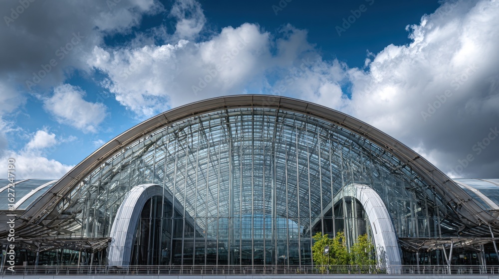 Fototapeta premium Modern Architectural Marvel of a Glass Roof Structure Surrounded by Dramatic Clouds Under a Clear Blue Sky for Urban Landscape Photography