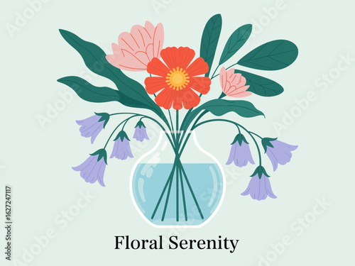 This image beautifully captures a vibrant floral arrangement in a glass vase, evoking feelings of tranquility and joy in a minimalist aesthetic.