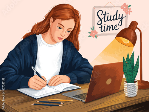 A student deeply engaged in studying at a desk, surrounded by study materials and accompanied by a warm lamp, symbolizes dedication, focus, and the pursuit of knowledge.