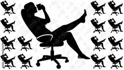 Silhouette of a woman reclining in an office chair drinking with multiple smaller chair silhouettes behind