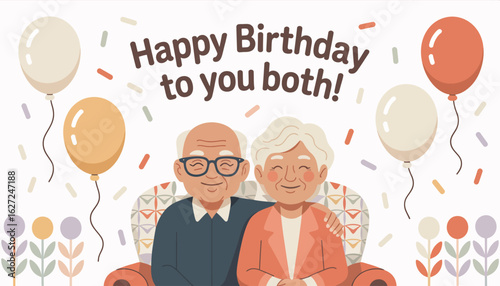 This festive illustration depicts a joyful older couple celebrating their birthday with balloons, emphasizing love, companionship, and shared experiences.