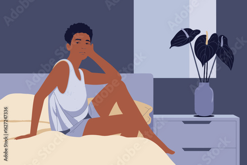 A contemplative young individual sitting on the edge of a bed, deep in thought, revealing the introspective moments of youth and the complexities of modern living.
