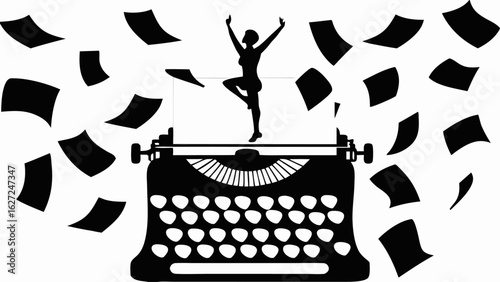 Silhouette of a dancer on a typewriter with scattered sheets of paper in a black and white illustration