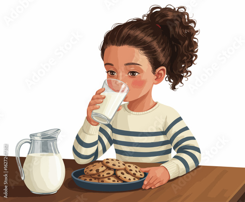 A delightful scene of a child savoring milk and cookies at the table, presenting a nostalgic moment of childhood innocence and joy often treasured by many.