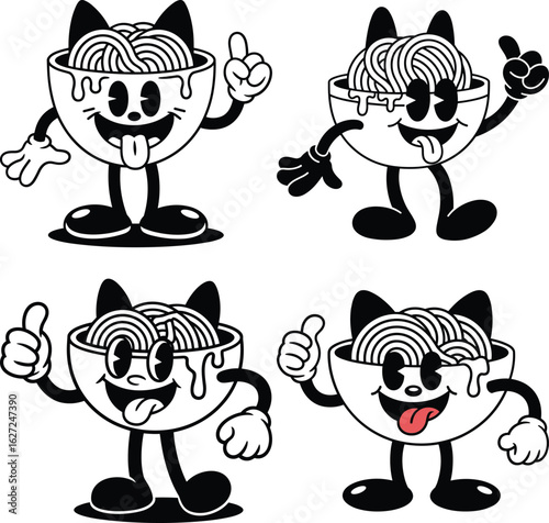Four retro cartoon mascot characters are smiling with noodles and cat ears transparent background