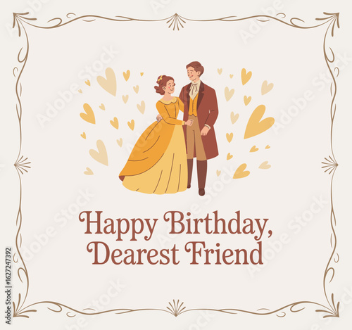 A charming birthday greeting card featuring a beautifully dressed couple surrounded by hearts, embodying warmth, friendship, and celebration on a special day.