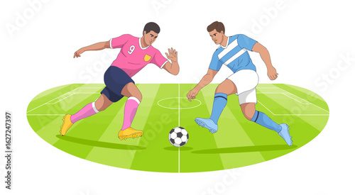 Two soccer players, one in a vibrant pink jersey and the other in blue, race to control the ball on a green pitch, embodying the spirit of competitive sportsmanship.