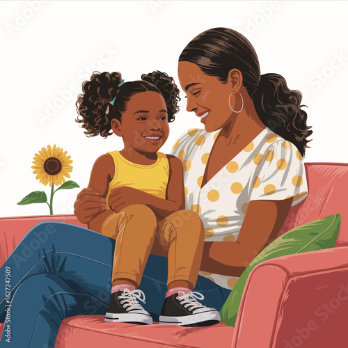 This heartwarming image depicts a mother and daughter sharing a joyful moment on a cozy couch, highlighting their loving relationship and connection.