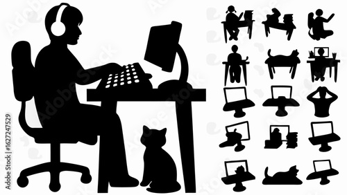 Silhouette of person wearing headphones at a computer desk with a cat and other desk silhouettes